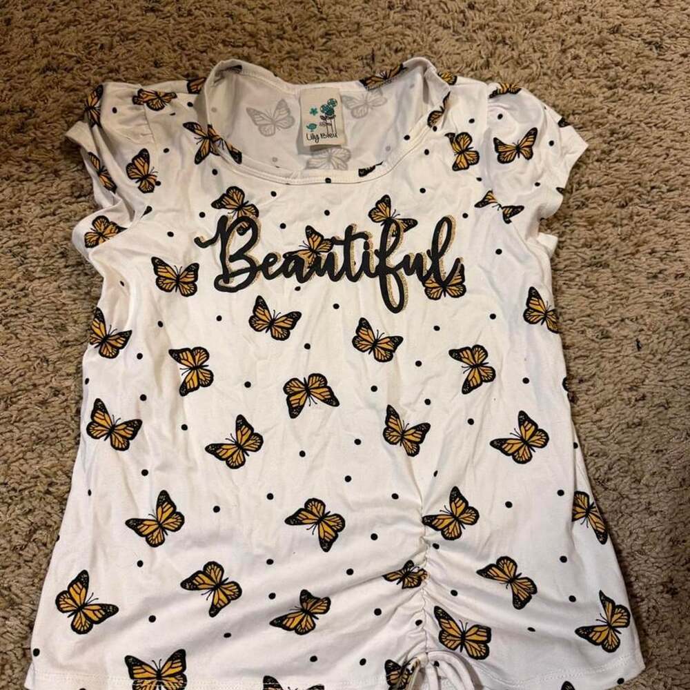 Lily Bleu Butterfly Top Size L(14) White Graphic Ruched Side Shirt